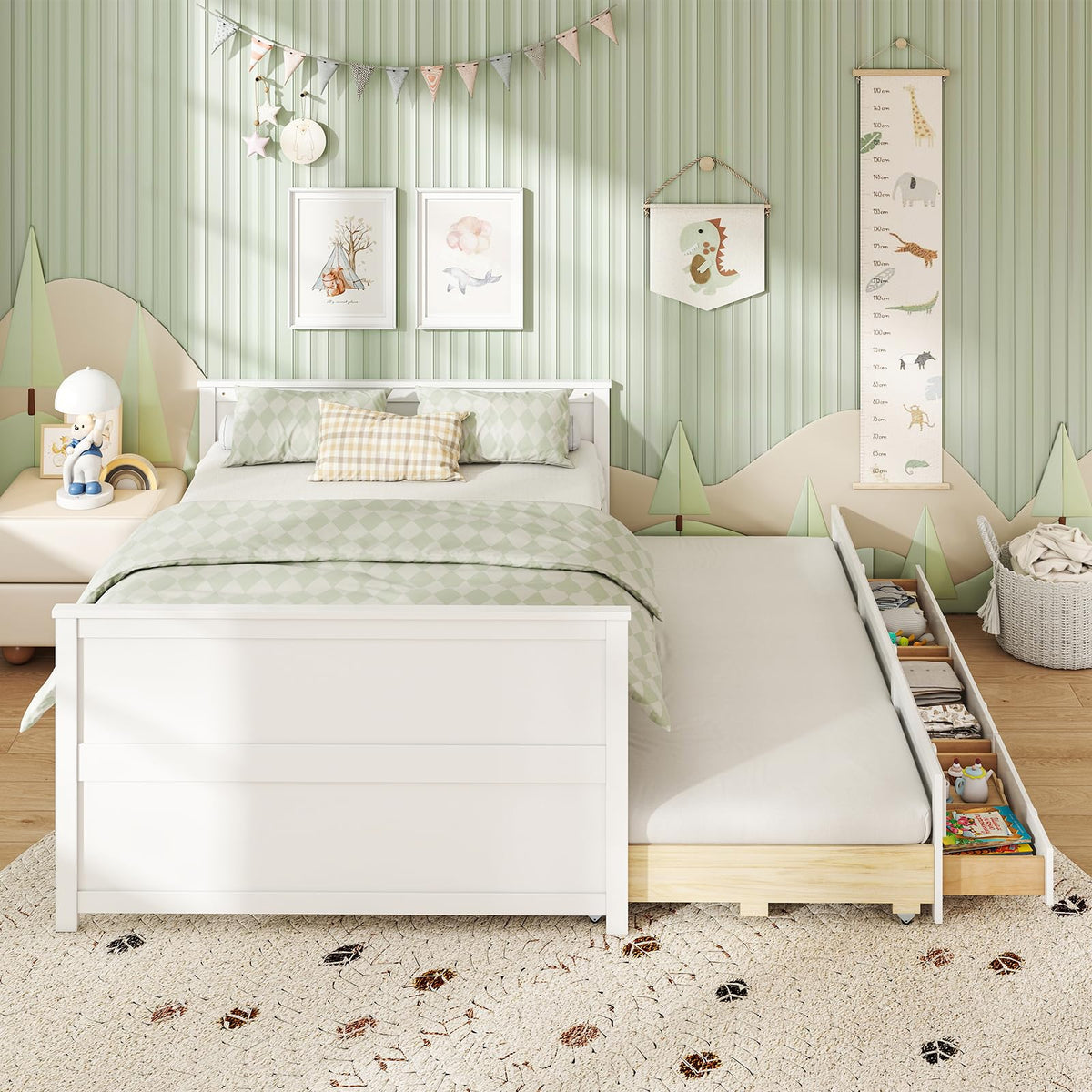 Goflame Full Size Bed Frame with Twin Trundle & 3 Storage Drawers