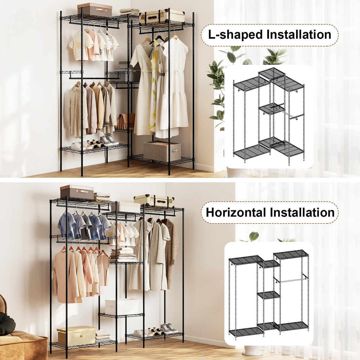 Goflame Convertible Clothes Organizer with L-shape & Horizontal Installation