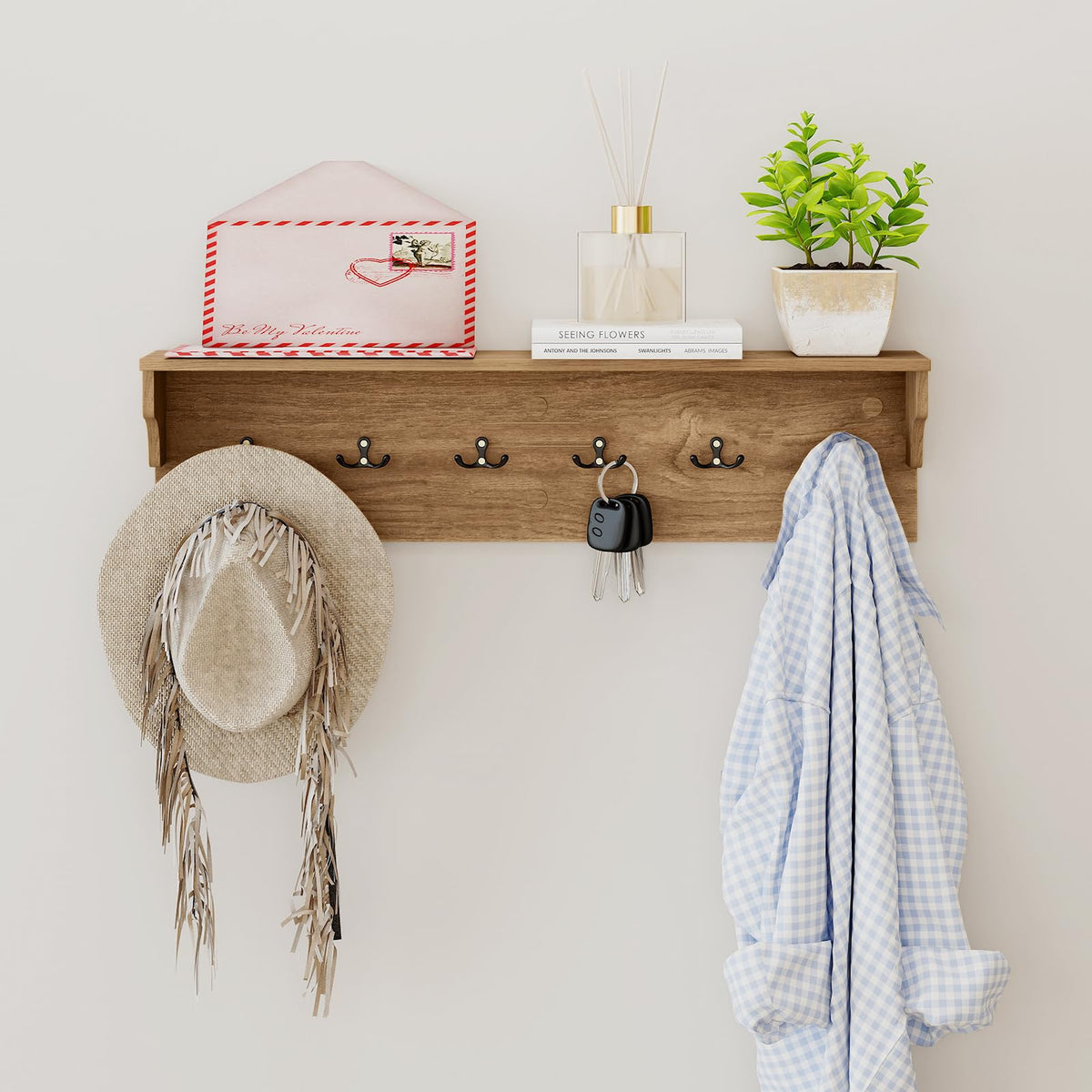 Goflame Wall-Mounted Storage Shelf | 31.5" Wooden Hanging Coat Rack with 6 Hooks