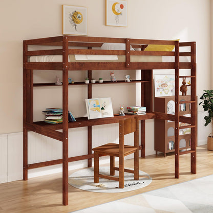 Goflame Twin Loft Bed with Desk and Bookshelf, Wooden Bed Frame with Safety Guardrail & Ladder