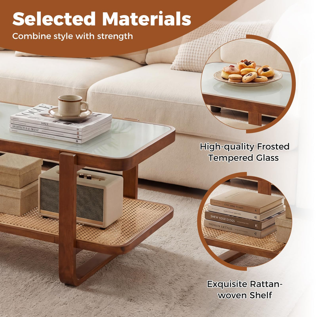 Goflame Rattan Coffee Table | 41.5" Farmhouse Center Table with Storage & Frosted Tempered Glass