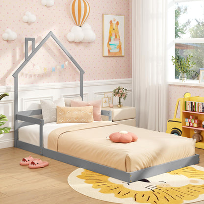 Goflame Twin Floor Bed for Kids, Wood Montessori Floor Bed with Chimney Headboard & Handrail