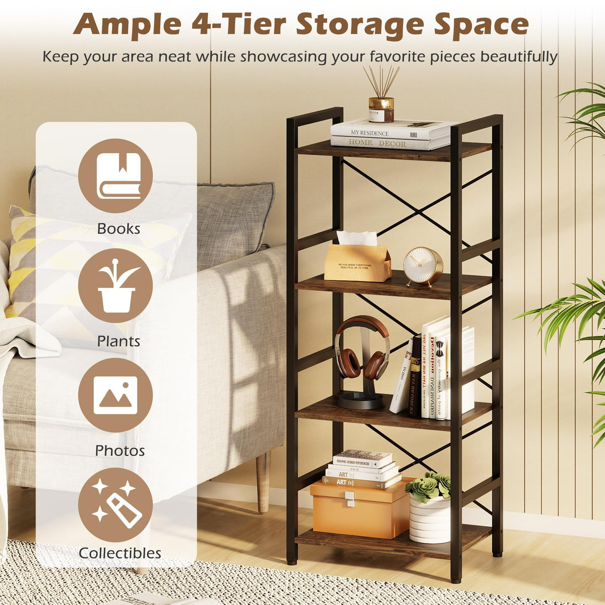 Goflame 4-Tier Bookshelf | Narrow Freestanding Display Shelf with Metal Frame (1/2)