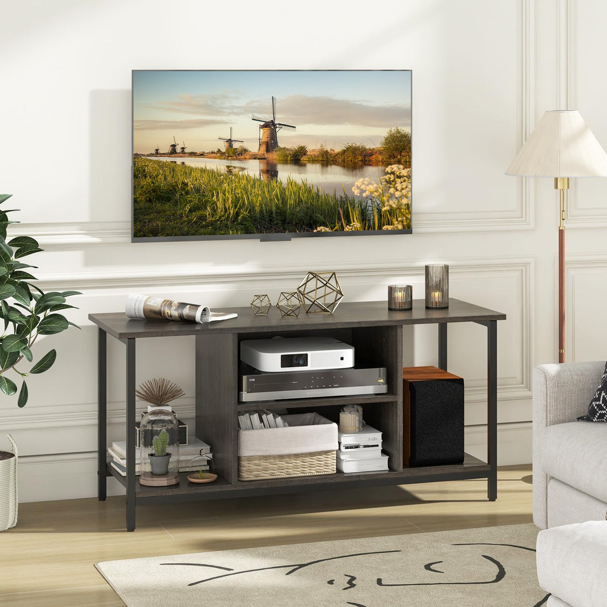 Goflame TV Stand for TV Up to 50” TVs, Entertainment Center with Charging Station, USB & Type C Ports