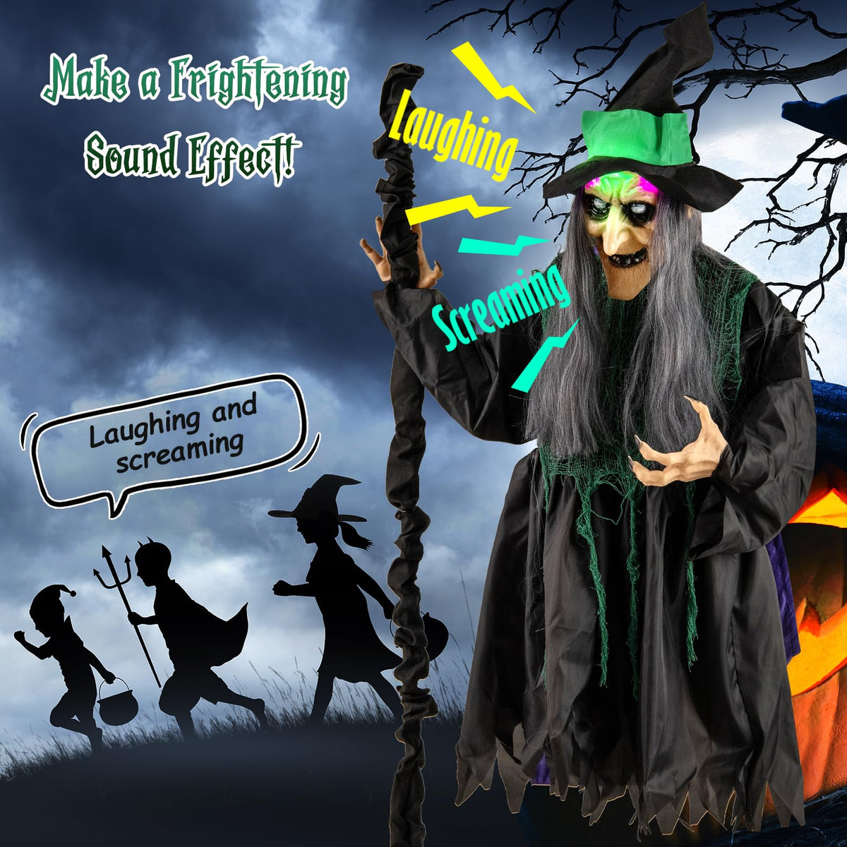 Goflame Witch with Broomstick Halloween Animatronic, Life Size Animated Halloween Prop with Laughing and Screaming Sound