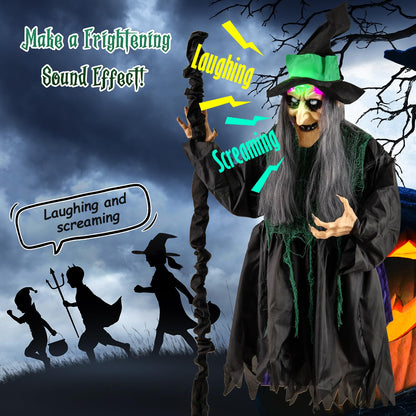 Goflame Witch with Broomstick Halloween Animatronic, Life Size Animated Halloween Prop with Laughing and Screaming Sound