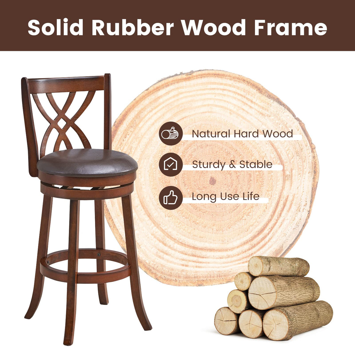 Goflame Brown Bar Stools PU Leather Cushioned Seat and Footrests, for Kitchen Island