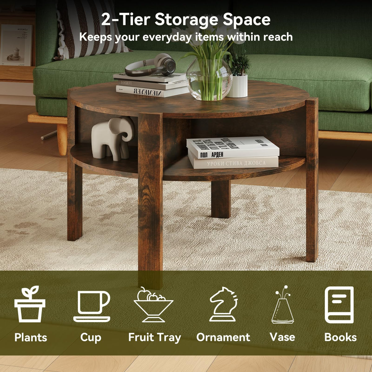 Goflame Round Coffee Table with Storage Shelves