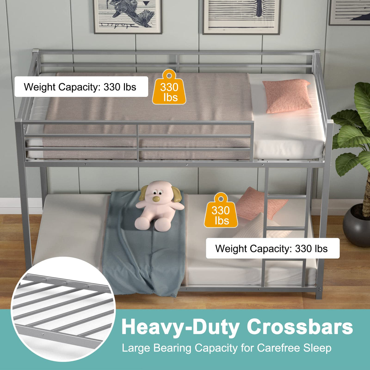 Goflame Metal Bunk Bed Twin Over Twin, Low Profile Bunk Bed Frame with Ladder & Full Length Guardrail