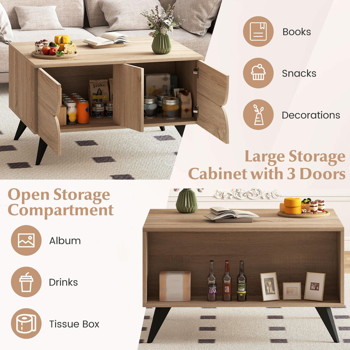Goflame Farmhouse Accent Modern Coffee Table with Storage for Living Room Bedroom
