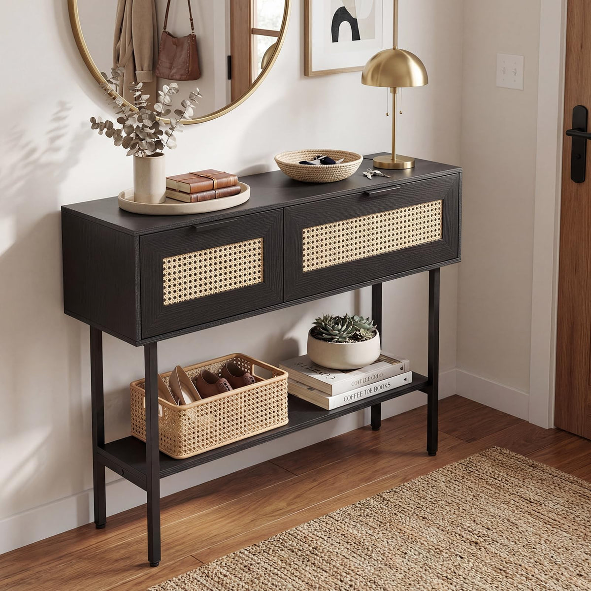 Goflame Rattan Console Table Boho Entryway Table with 2 Storage Cabinets