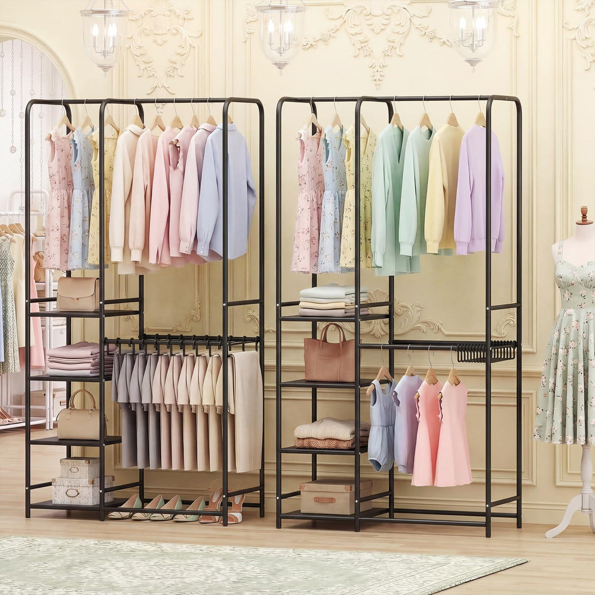 Goflame Heavy-Duty Metal Clothing Rack with 2 Hanging Rods & 4 Storage Shelves