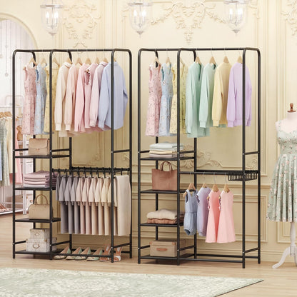 Goflame Heavy-Duty Metal Clothing Rack with 2 Hanging Rods & 4 Storage Shelves
