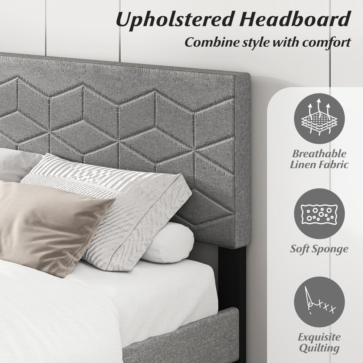 Goflame Queen/Full/Twin Size Upholstered Bed Frame Modern Platform Bed with Linen Fabric Geometric Headboard