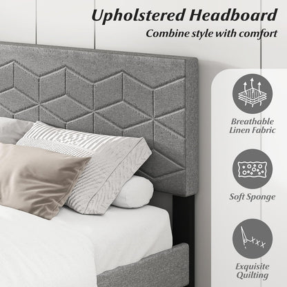 Goflame Queen/Full/Twin Size Upholstered Bed Frame Modern Platform Bed with Linen Fabric Geometric Headboard