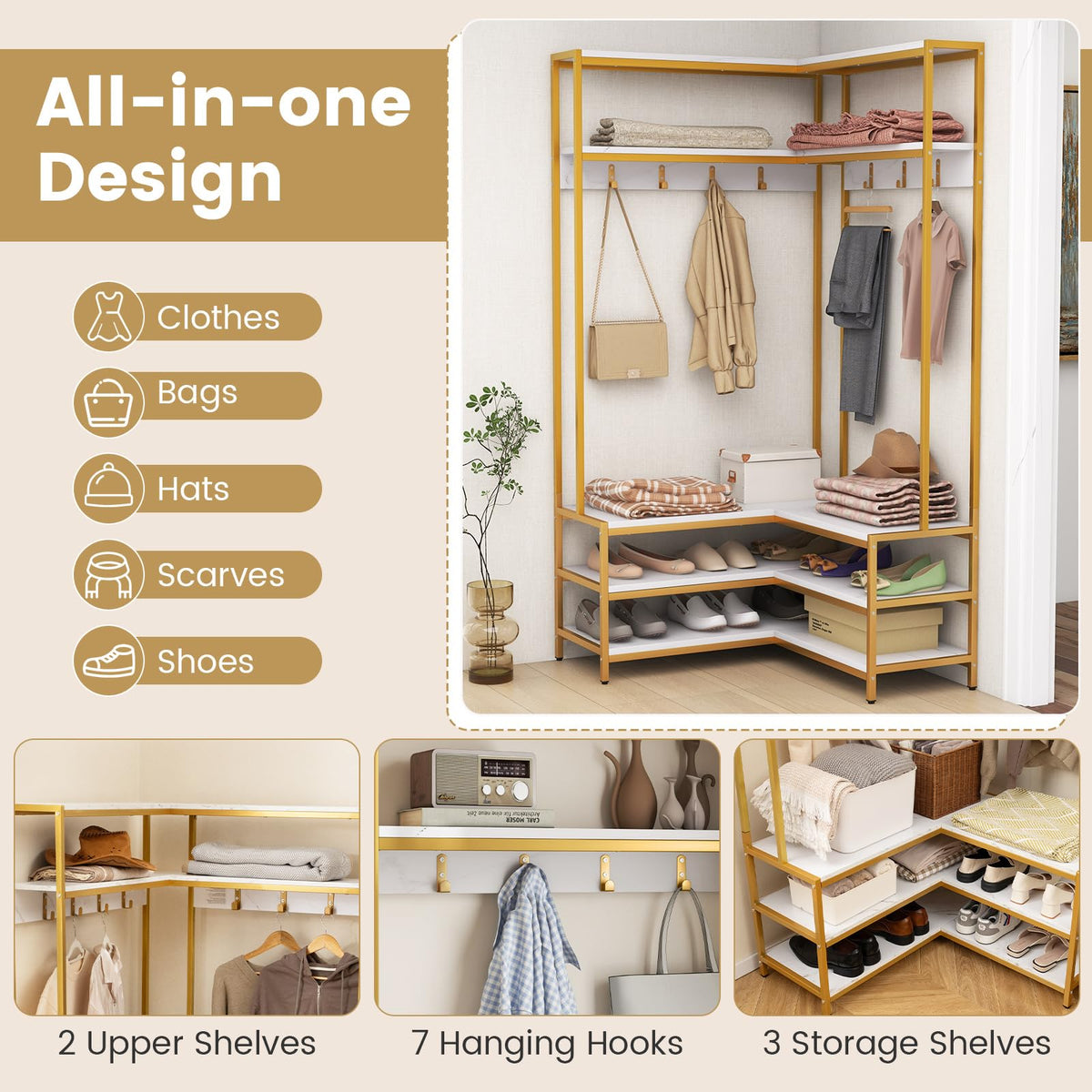 Goflame Corner Coat Rack with Shoe Bench, L-shaped Garment Rack with 5 Shelves & 7 Hooks