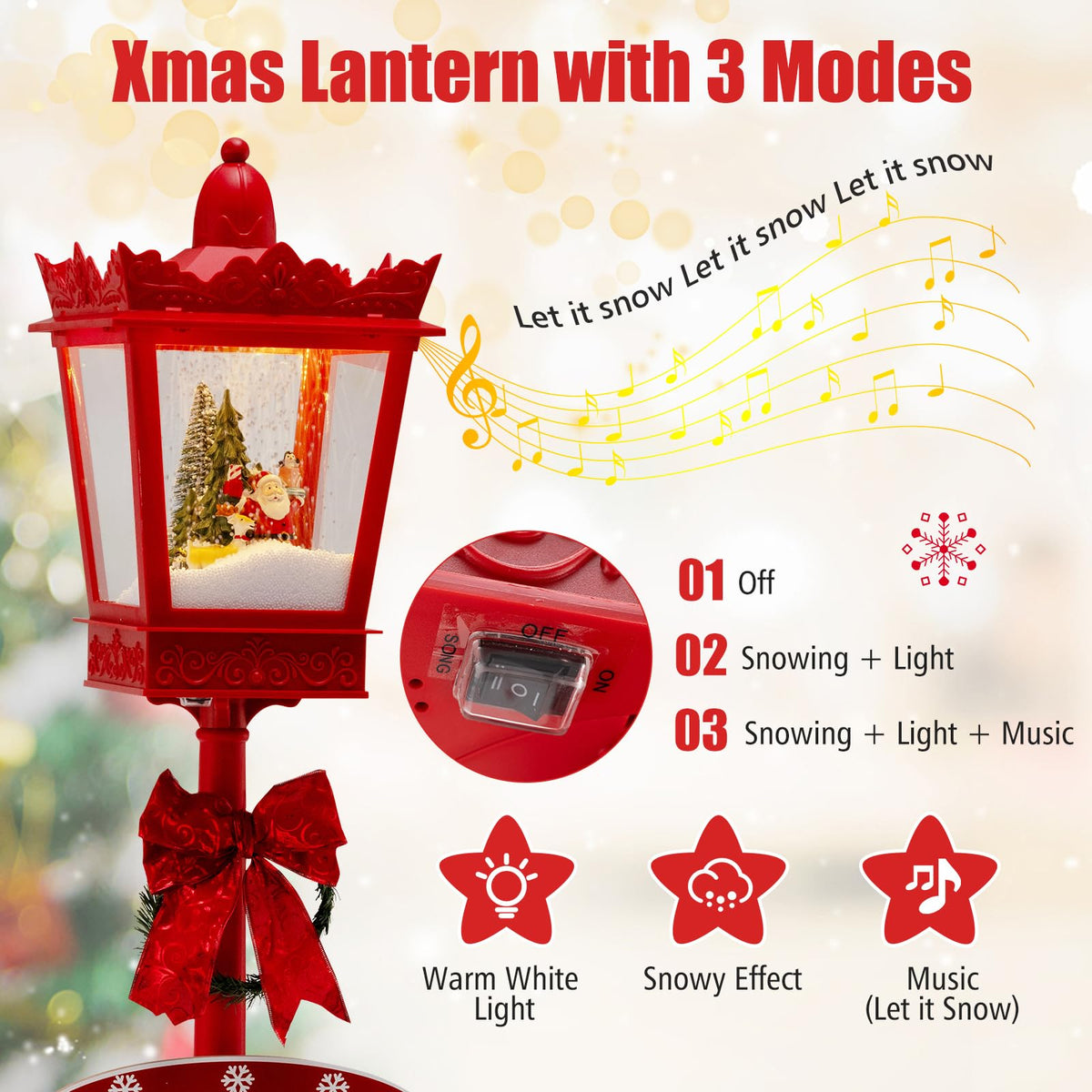 Goflame 8 ft Musical Christmas Streetlight w/Warm White LED Lights Snowy Effects Santa Scene