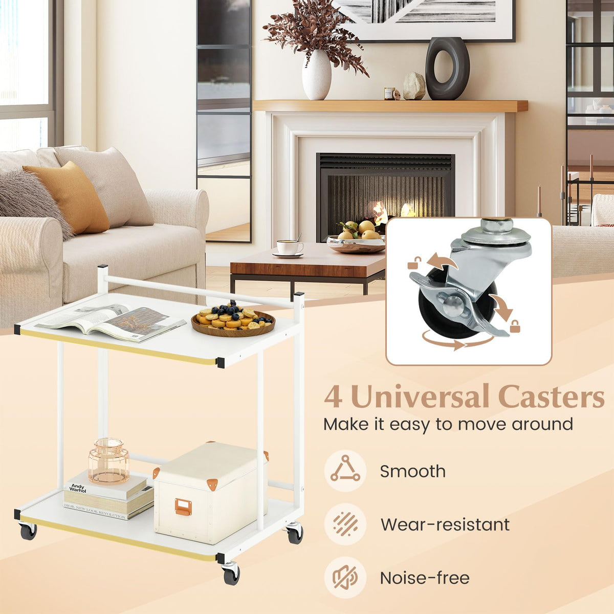 Goflame Mobile C-Shaped End Table - 2-Tier Sofa Couch Bed Side Table w/Open Storage Shelves & Golden Edge Banding