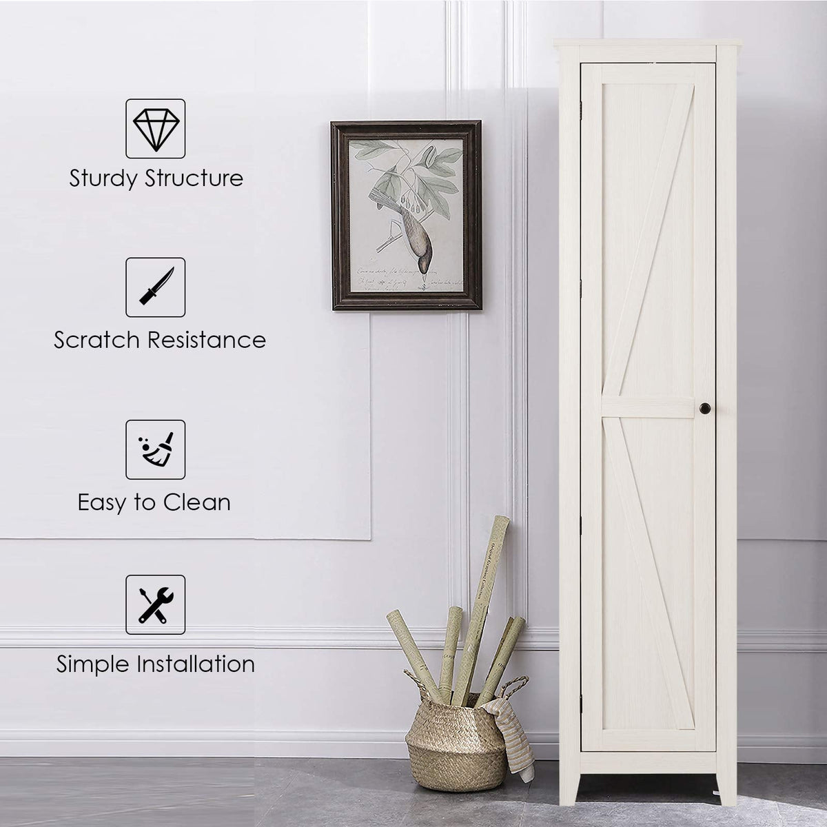 Goflame Tall Storage Cabinet Freestanding Floor Storage Tower with Four Shelves and Single Door