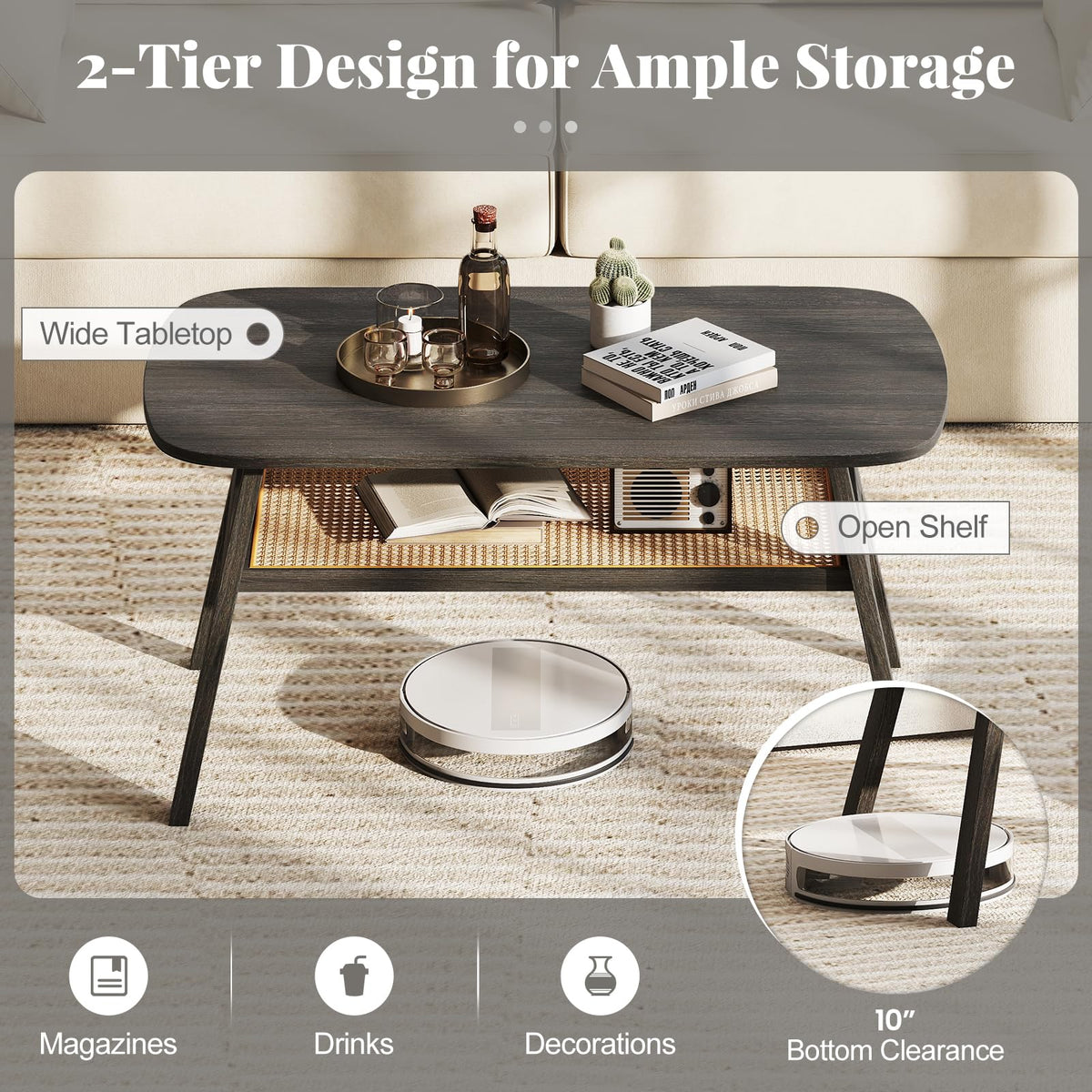 Goflame Rattan Coffee Table for Living Room