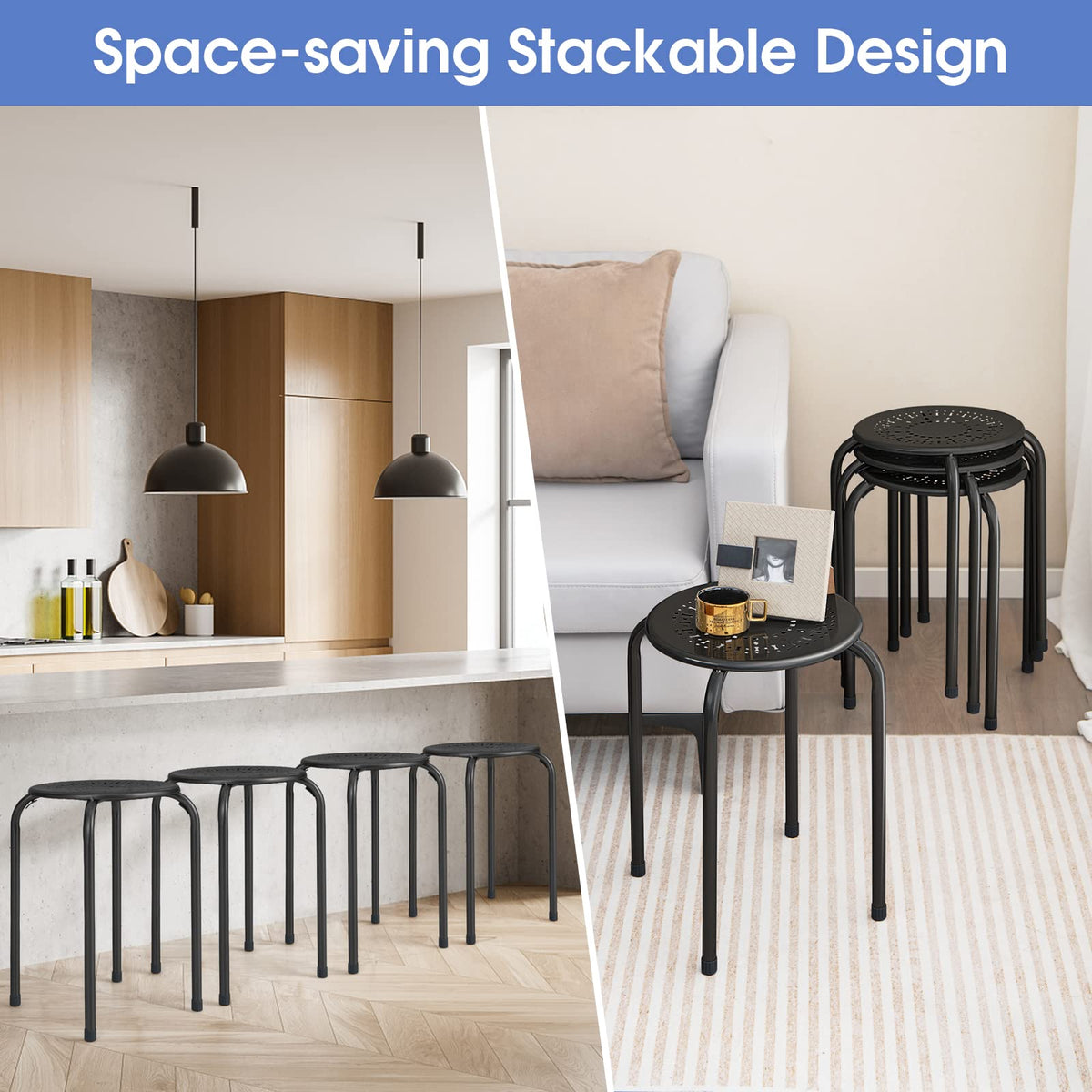 Goflame Round Metal Stool Set of 6-17.5" Height Stackable Stool with Anti-Slip Foot Pads