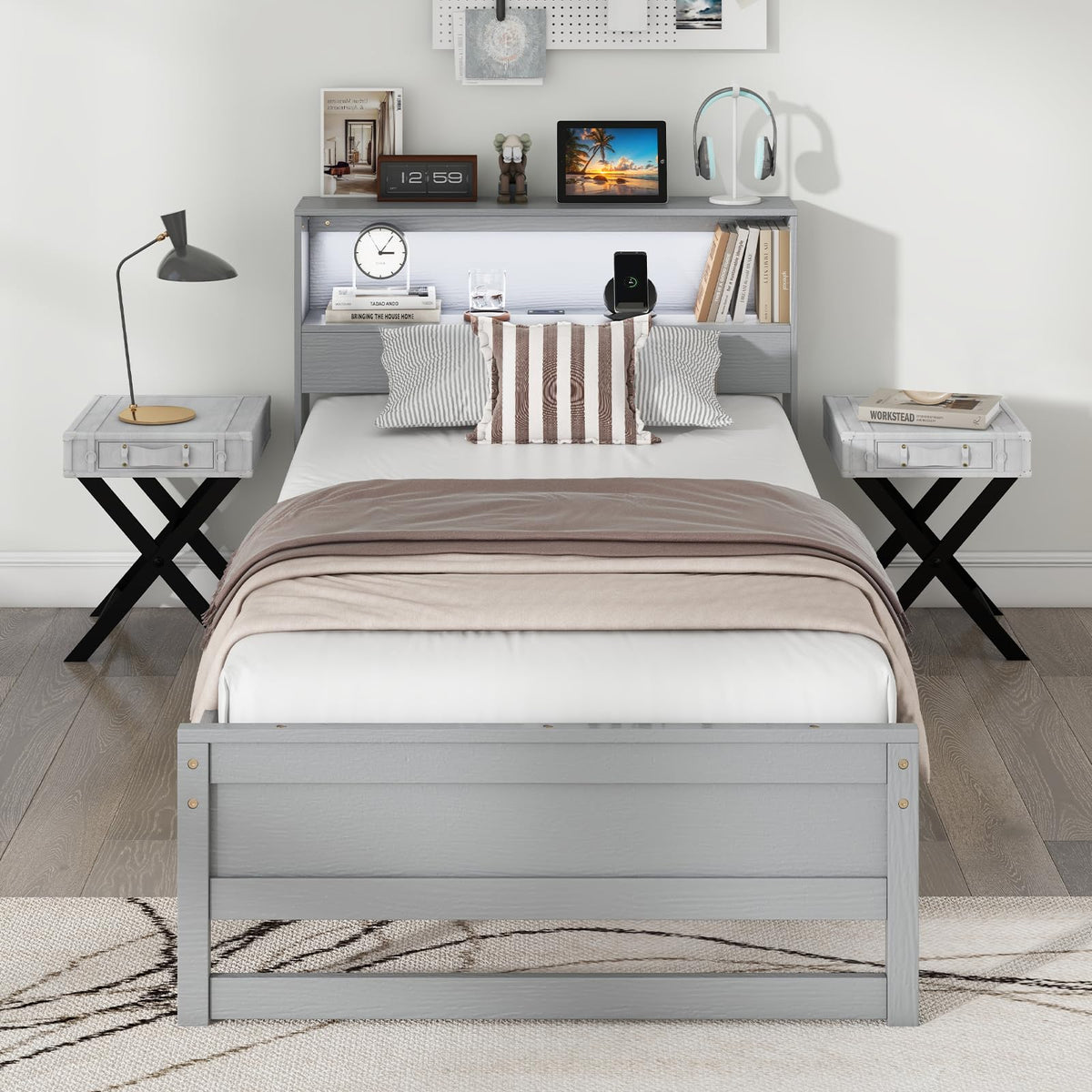 Goflame Twin Bed Frames with Storage Headboard, Wood Platform Bed with Charging Station & LED Light