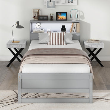 Goflame Twin Bed Frames with Storage Headboard, Wood Platform Bed with Charging Station & LED Light