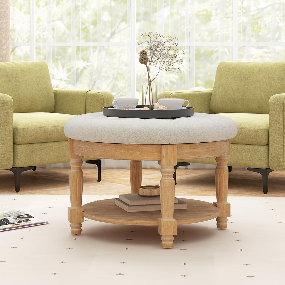 Goflame Large Ottoman Coffee Table - 29 inch Oversized Round Ottoman with Storage Shelf, Flip up Top, Wood Legs