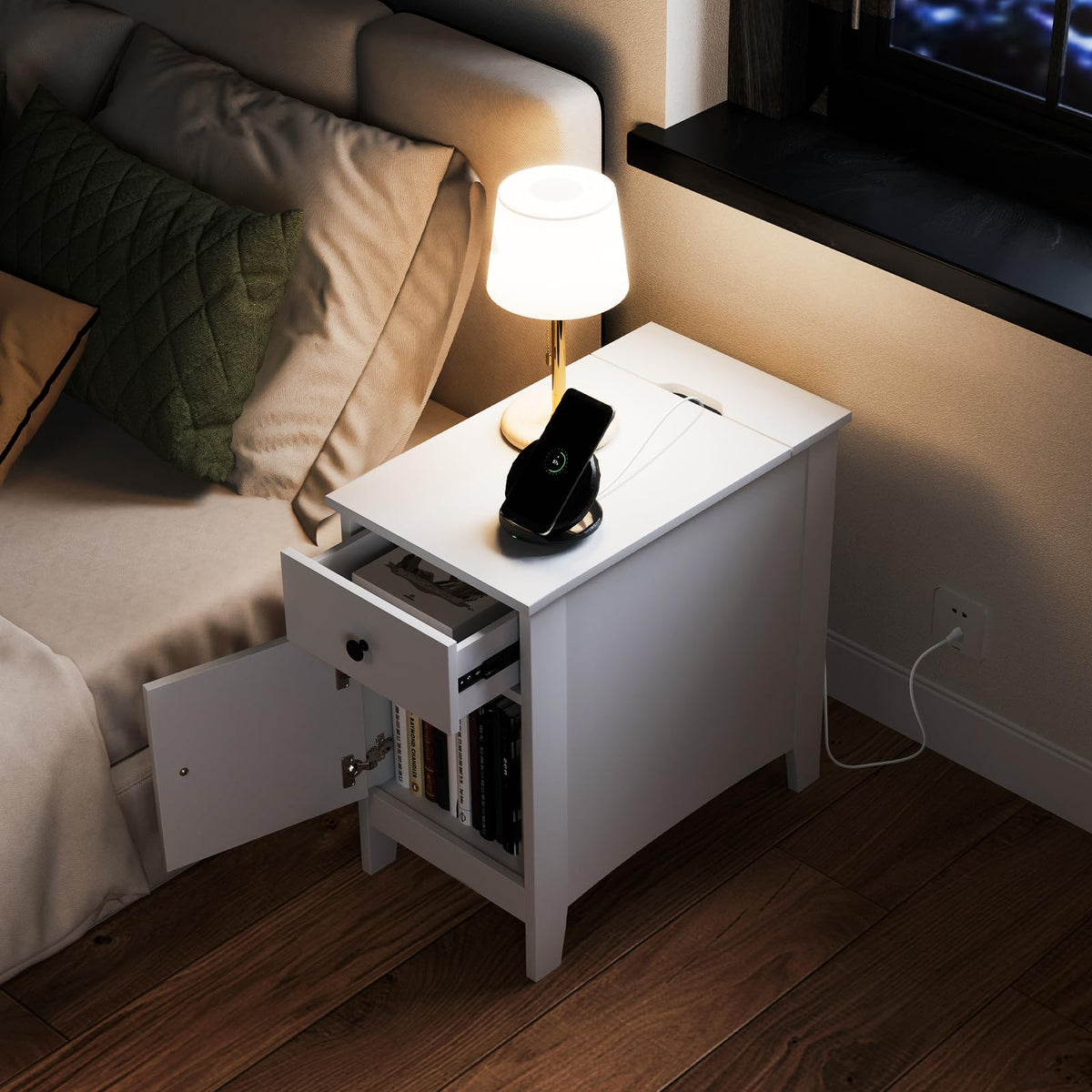 Goflame Nightstand with Charging Station, Flip Top End Table w/USB Ports & Outlets, Modern Side Table w/Storage Drawer