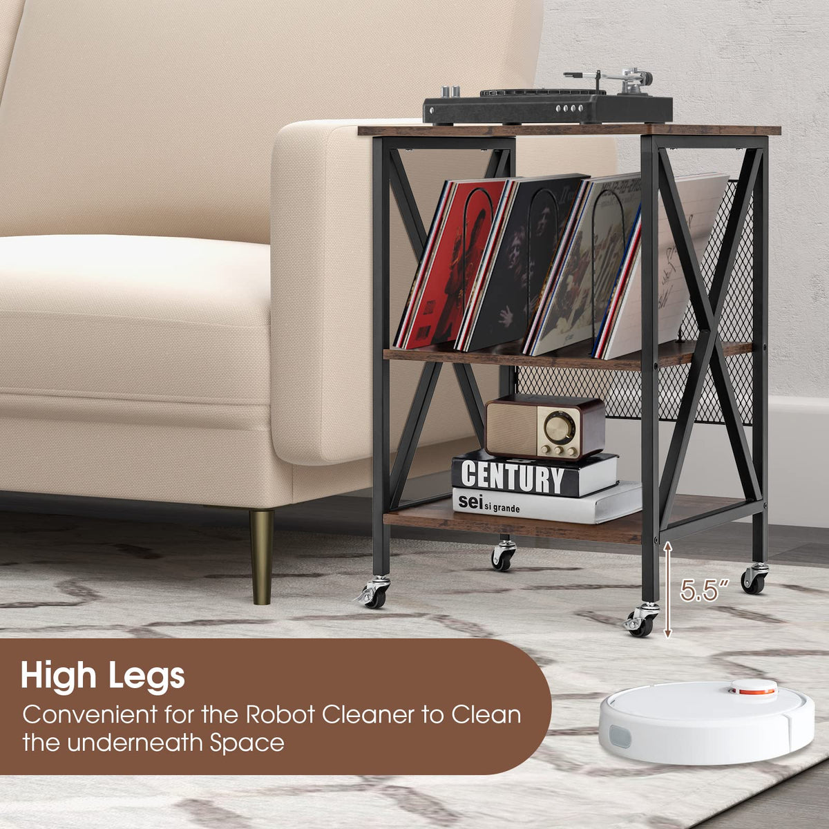 Goflame Record Player Stand, Vinyl Record Storage Table w/ 3 M-shaped Dividers & 4 Rolling Wheels, Rustic Brown