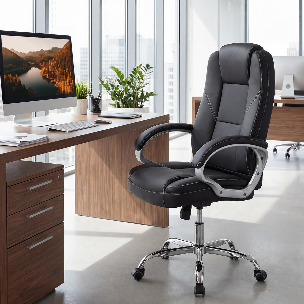 Goflame Leather Office Chair with Padded Armrests & Rocking Backrest