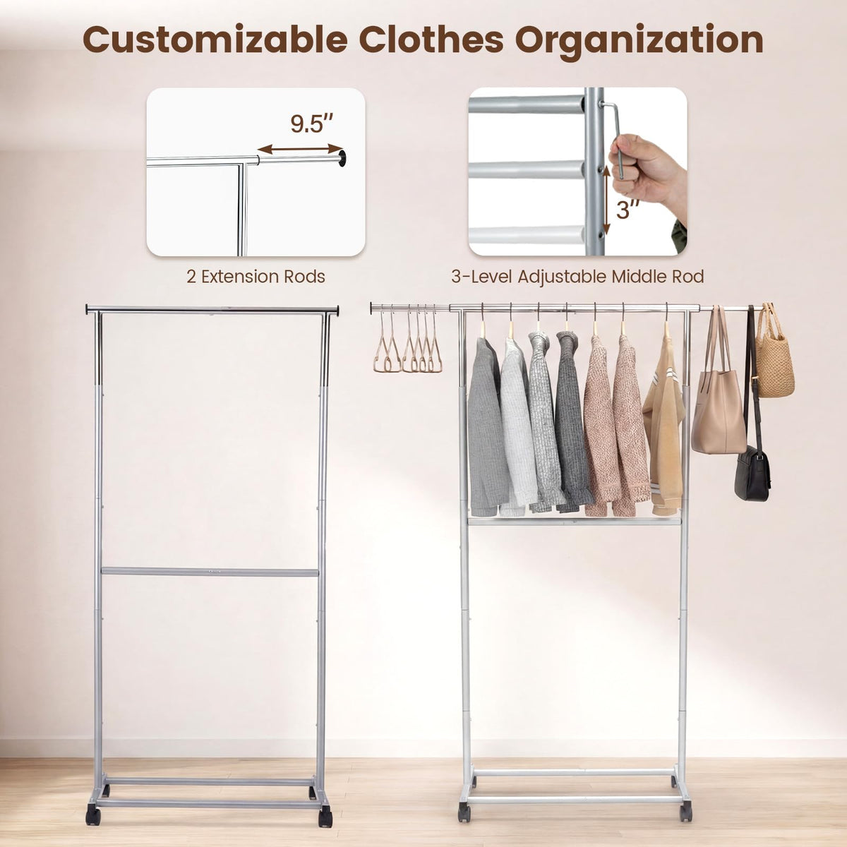 Goflame Extendable Double-Rod Rolling Clothing Rack for Hanging Clothes
