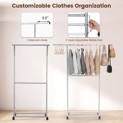 Goflame Extendable Double-Rod Rolling Clothing Rack for Hanging Clothes