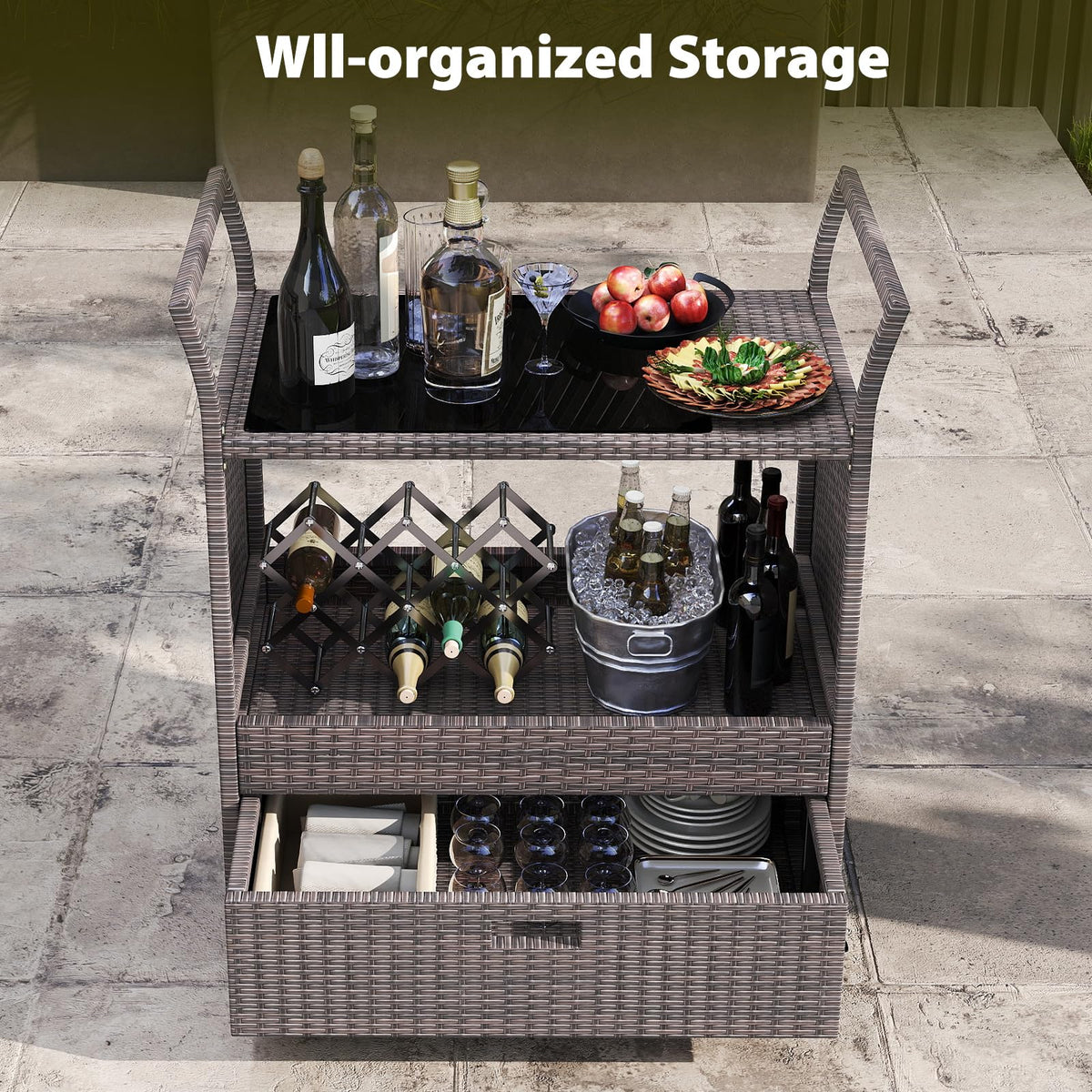 Goflame Rolling Wicker Cart W/Shelves and Big Drawer for Dining Room