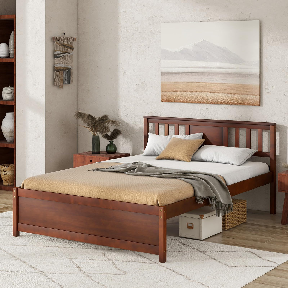Goflame Solid Wood Platform Bed Frame, Mid Century Full Bed Frame with Headboard