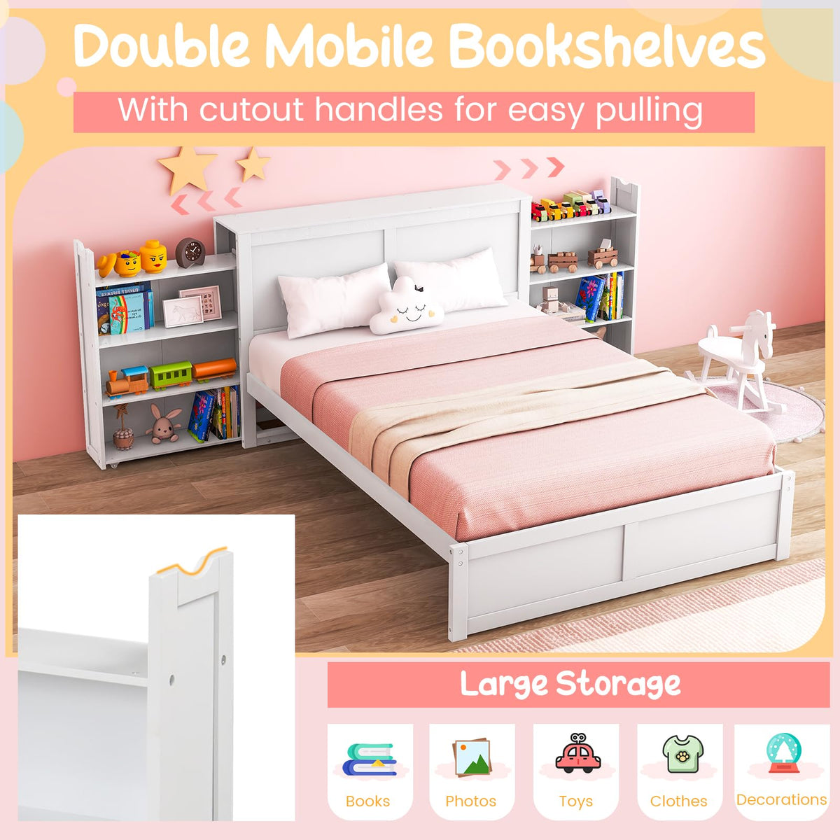 Goflame Full Bed Frame with Twin Trundle, Wooden Bed Wooden Bed Frame with 2 Rolling Bookcases & High Headboard