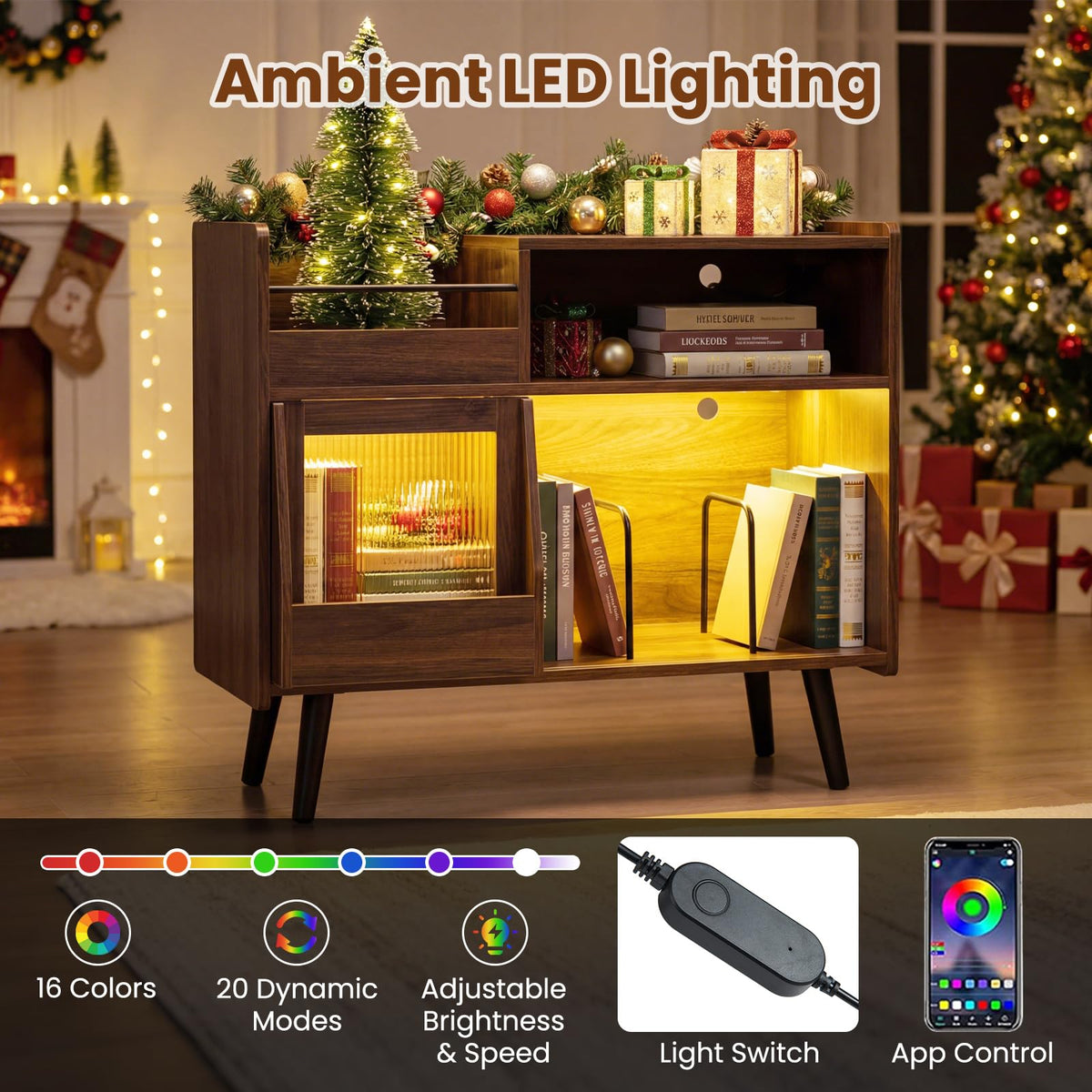 Goflame Record Player Stand with LED Light and Power Outlets Large Turntable Stand with Sliding Door