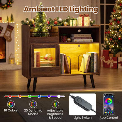Goflame Record Player Stand with LED Light and Power Outlets Large Turntable Stand with Sliding Door