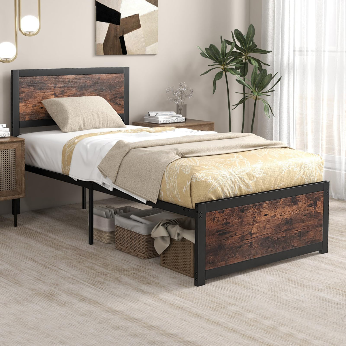 Goflame Twin Bed Frames for Kids, Industrial Metal Platform Bed with Headboard