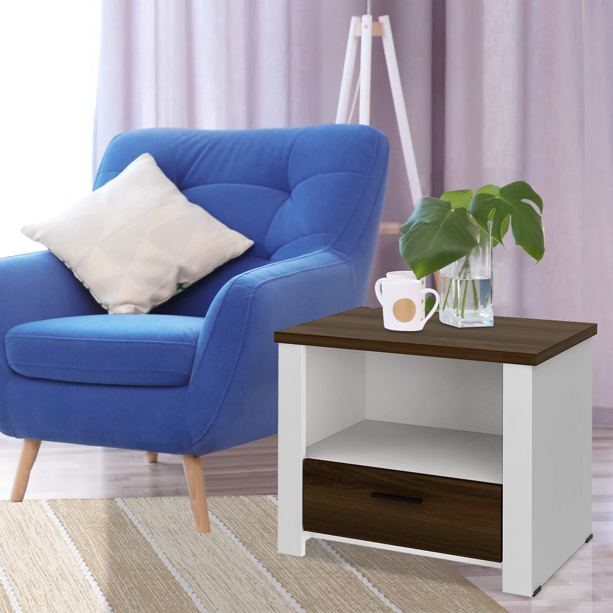 Goflame Nightstand, End Table with Glide Sliding Drawer & Open Cabinet, Modern Sofa Side Table for Living Room