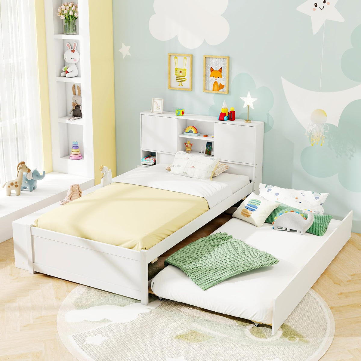 Goflame White Twin Size Bed Frame with Trundle and Bookcase Headboard