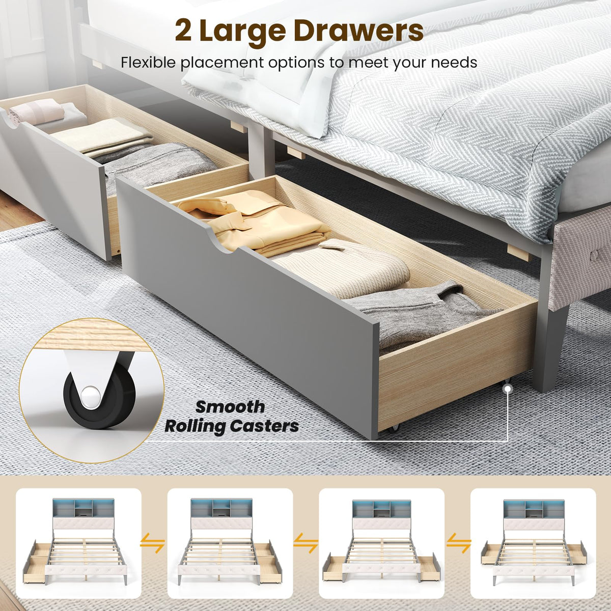 Goflame Gray Full Size Bed Frame with Upholstered Bookcase Headboard