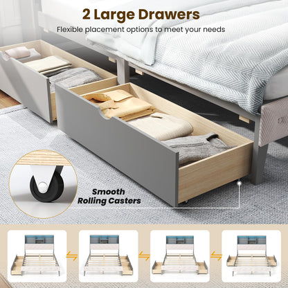Goflame Gray Full Size Bed Frame with Upholstered Bookcase Headboard