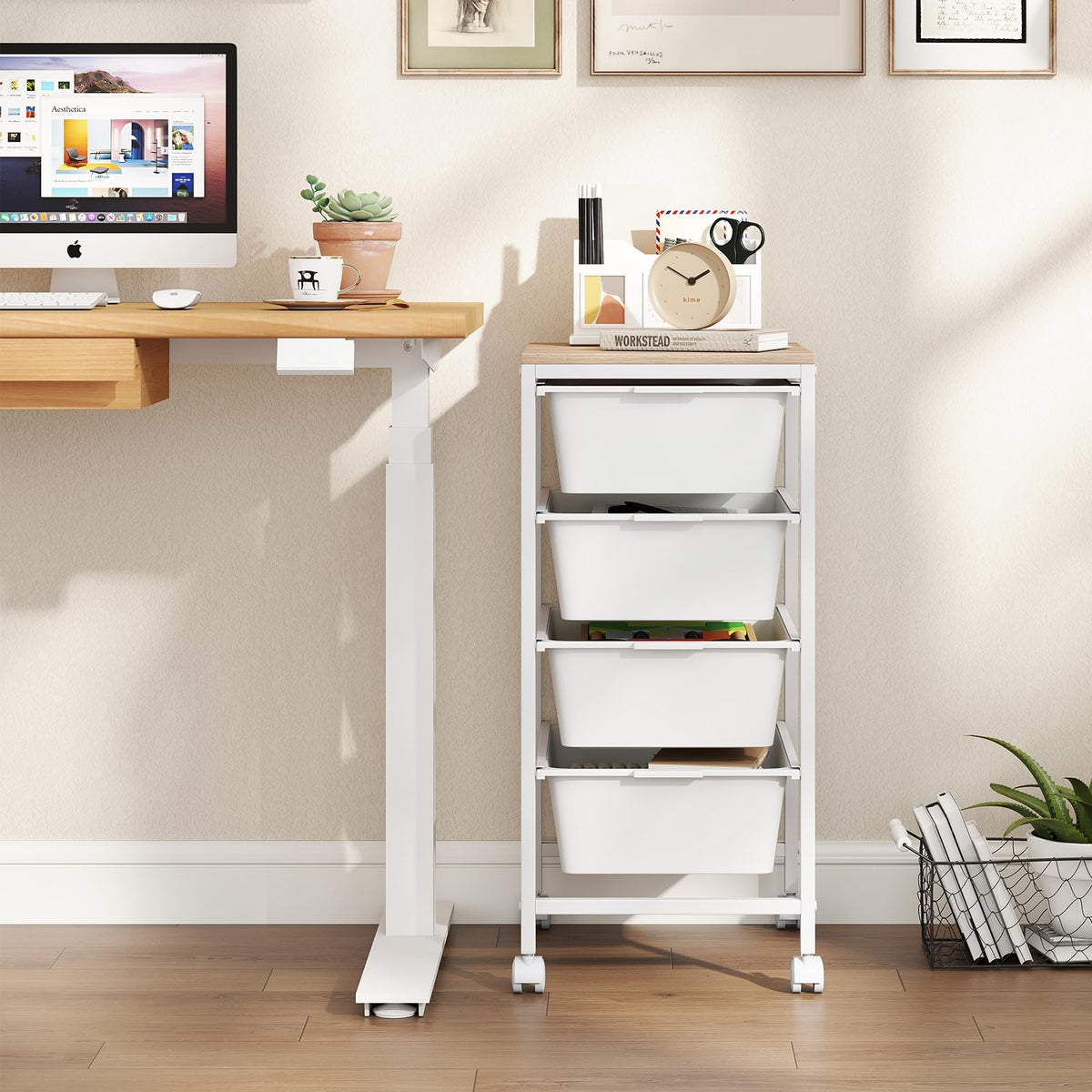 Goflame 4-Drawer Rolling Storage Cart Mobile Utility Organizer with Wooden Tabletop and Lockable Wheels