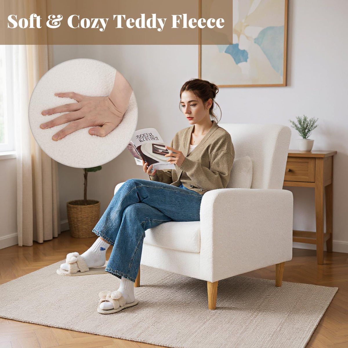 Goflame Modern Accent Chair with Lumbar Pillow Teddy Fleece Cover
