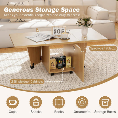 Goflame Folding Coffee Table 48 Inch Drop Leaf Extendable Center Table with Storage Cabinet & Wheels