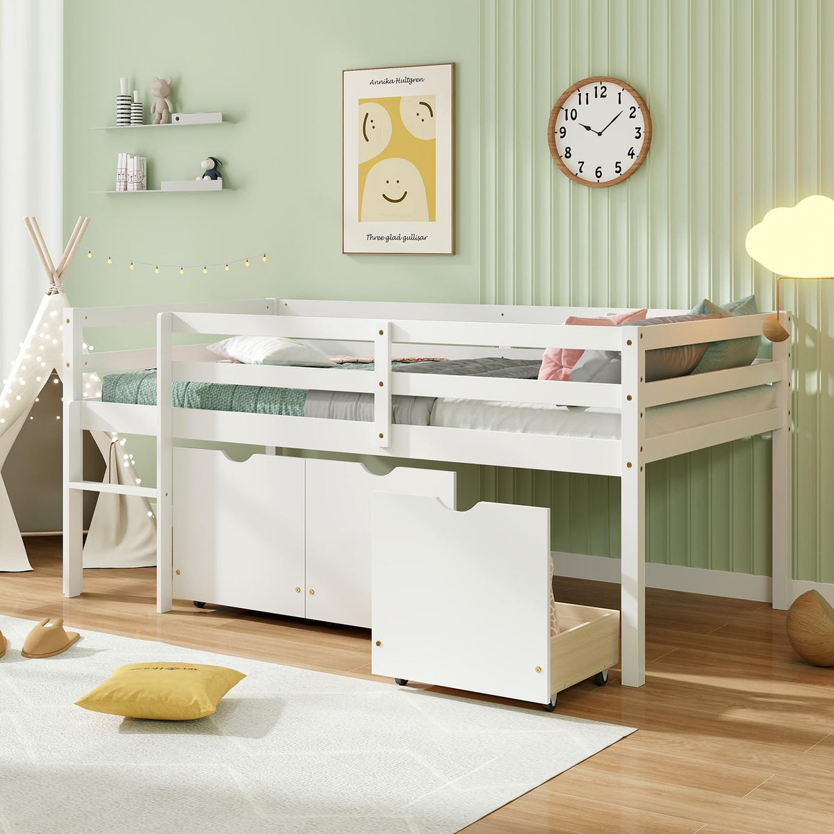 Goflame Twin Low Loft Bed with 3 Drawers, Wooden Loft Bed Frame with Ladder & Full-length Guardrails