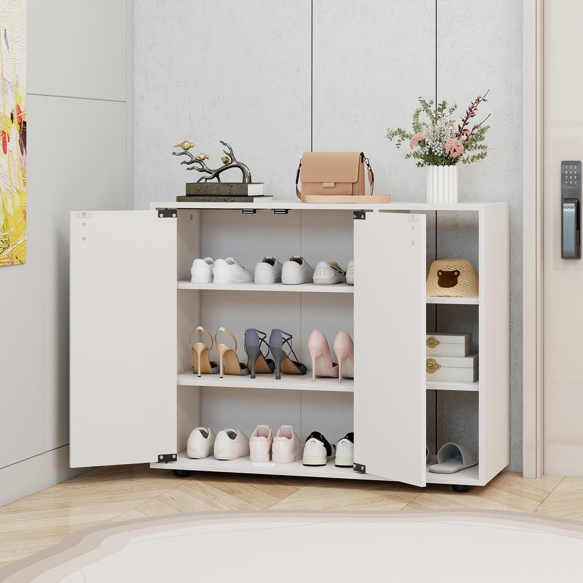 Goflame Wood Shoe Cabinet with Doors with 3-Level Adjustable Open Shelves