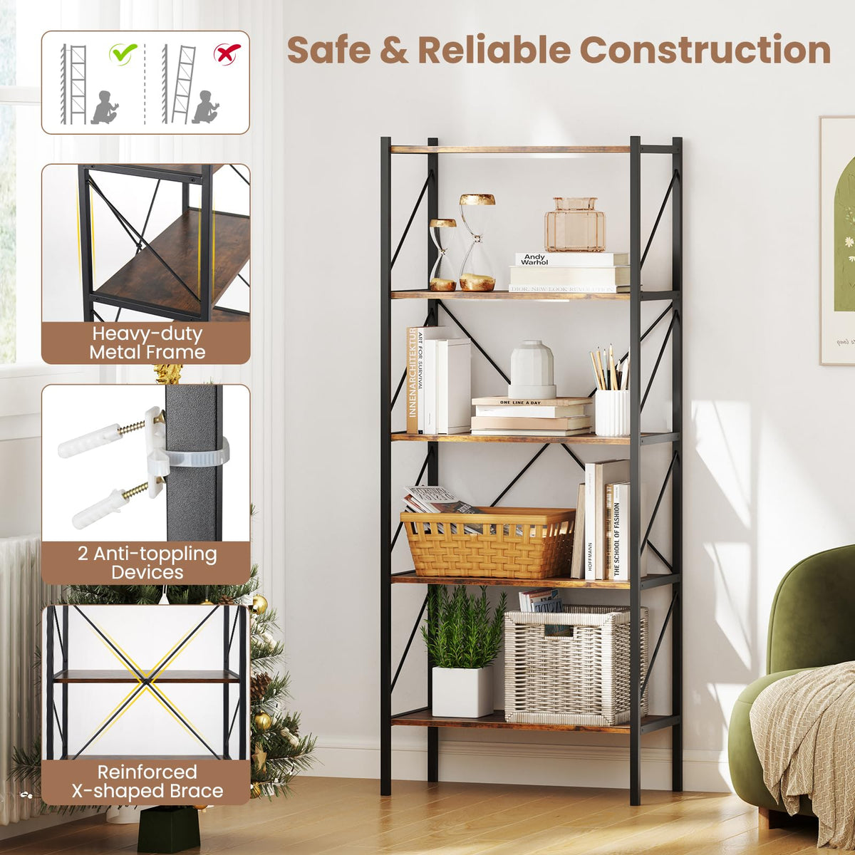 Goflame 5-Tier Bookshelf, Industrial Tall Bookcase with Open Storage Shelves & Heavy Duty Metal Frame