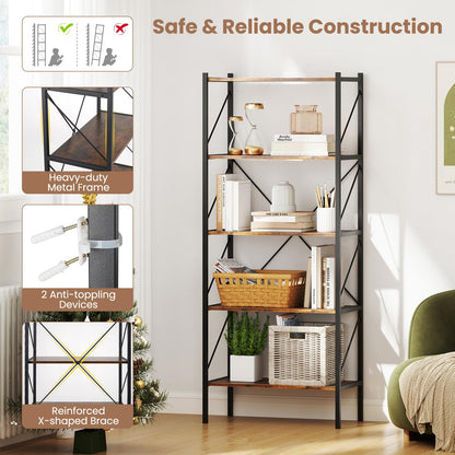 Goflame 5-Tier Bookshelf, Industrial Tall Bookcase with Open Storage Shelves & Heavy Duty Metal Frame
